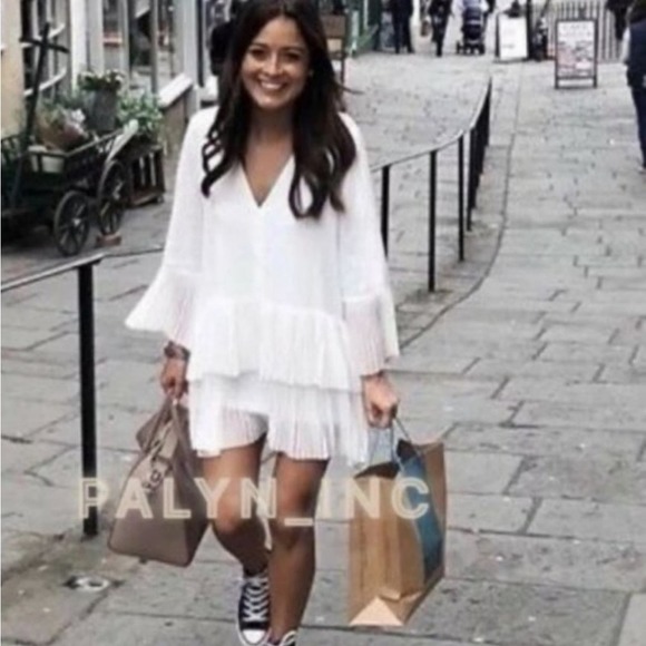 ZARA White PLEATED DRESS BLOUSE TUNIC Flowing V-neck blouse long sleeves - Picture 4 of 15